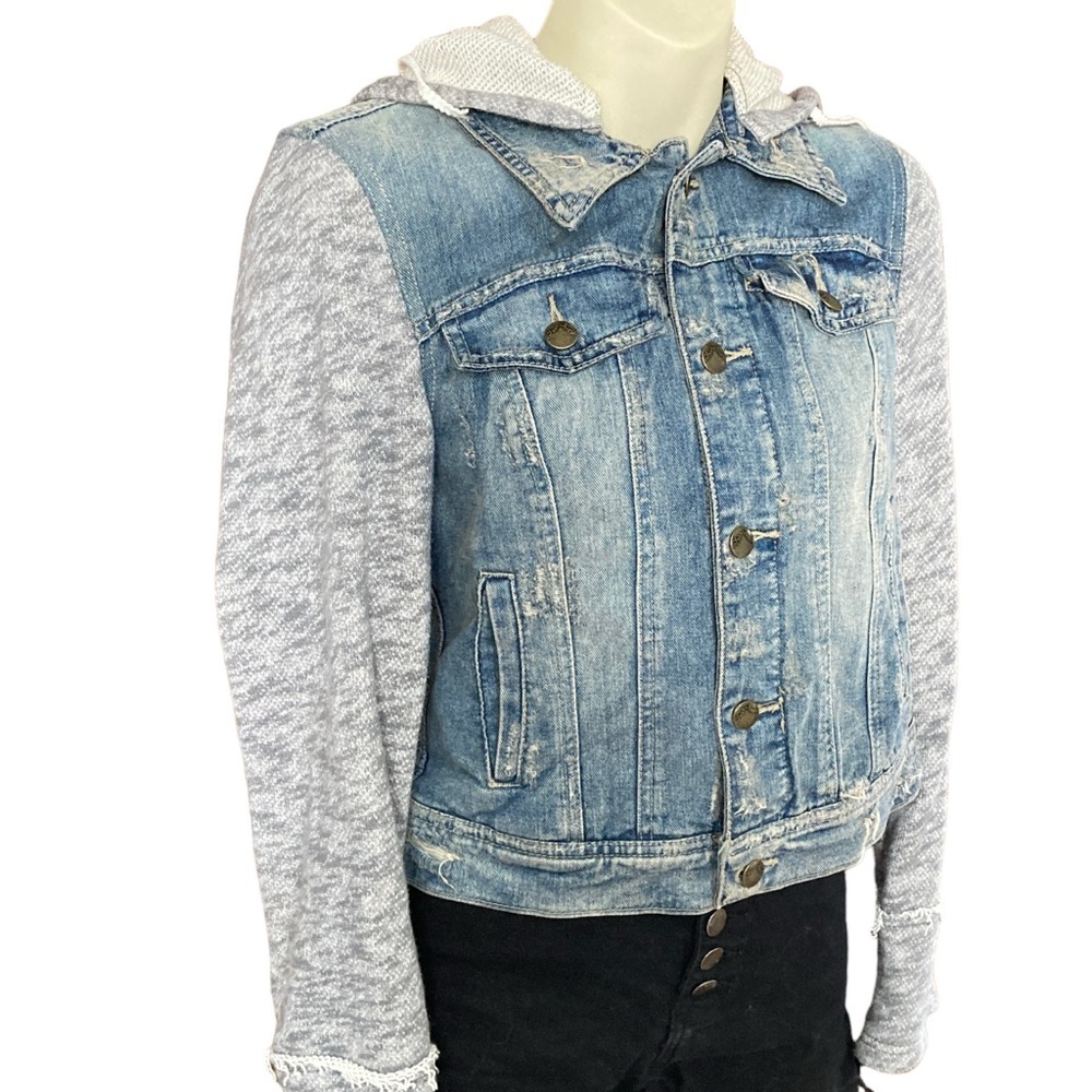 Free People Cropped Knit & Denim Hooded Jacket Size Small - Picture 2 of 6
